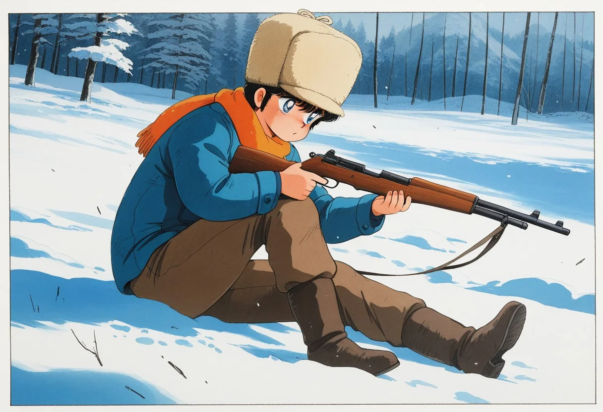masterpiece, best quality, amazing quality, very aesthetic, absurdres, intricate details, vibrant colors, 1980s \(style\), traditional medium, male focus, Corio, 1boy, solo, short hair, fur hat, blue eyes, bangs, black hair, aged up, orange scarf, blue long sleeves, button, boots, brown long pants, a teen boy hunting in the snow, rifle, gun, hold, holding weapon, finger on the trigger, harsh snow fall, day time, stoic expression, scenery, innocence lost,