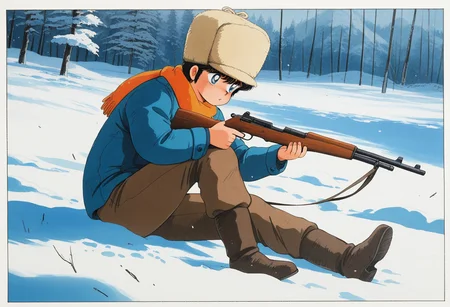 masterpiece, best quality, amazing quality, very aesthetic, absurdres, intricate details, vibrant colors, 1980s \(style\), traditional medium, male focus, Corio, 1boy, solo, short hair, fur hat, blue eyes, bangs, black hair, aged up, orange scarf, blue long sleeves, button, boots, brown long pants, a teen boy hunting in the snow, rifle, gun, hold, holding weapon, finger on the trigger, harsh snow fall, day time, stoic expression, scenery, innocence lost,