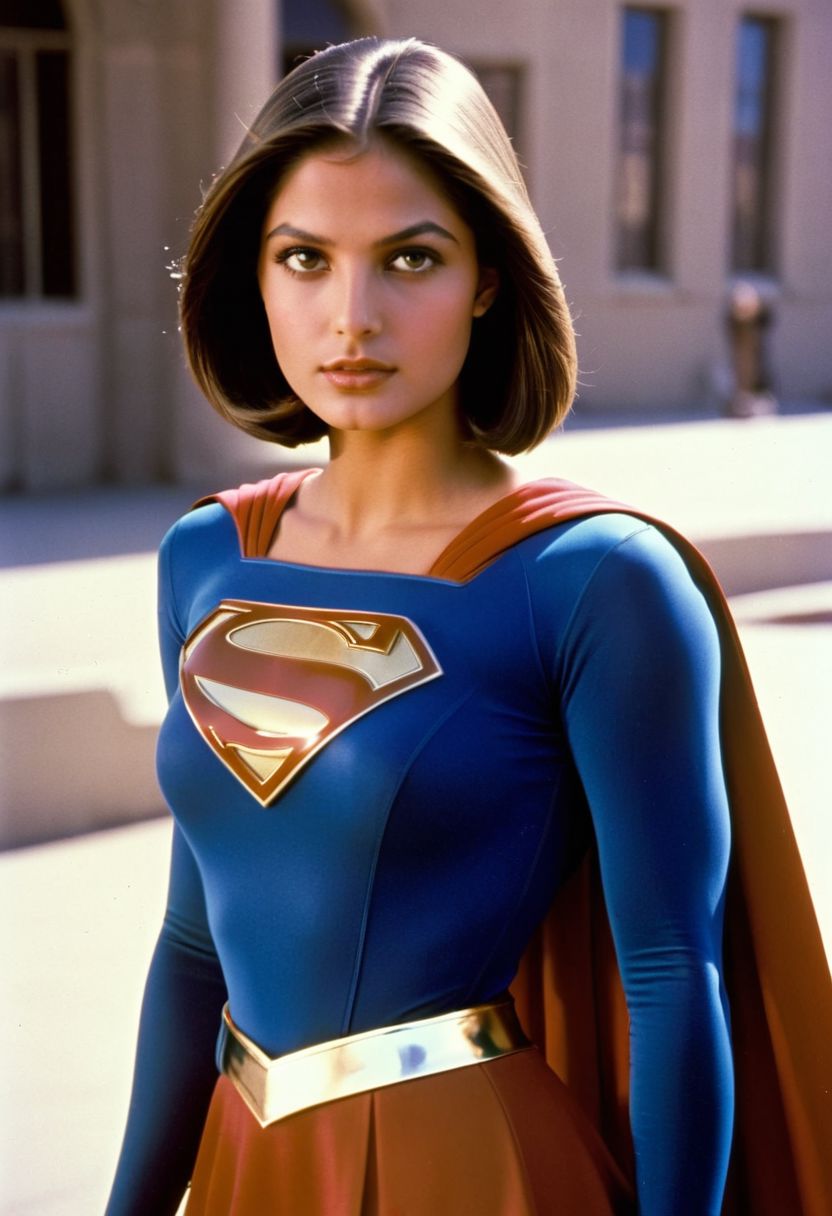1980s Supergirl film costume, youthful raven-haired Algerian Supergirl, facing forward, shiny voluminous smooth straight side-parting short bob haircut, Supergirl film 1980s, ultra-realistic photo, Hyperdetailed photography, sharp focus