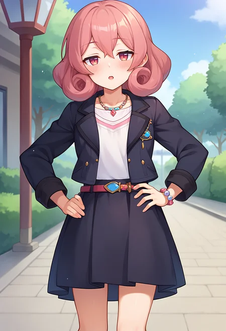 score_9, score_7_up, hd, (ultra hd quality details), source_anime, outdoors,
solo, 1girl, nenekapcr, curly hair,
skirt, black jacket, open jacket, shirt, jewelry, necklace, collarbone, long sleeves, black skirt, belt,
looking at viewer, blush, half-closed eyes, open mouth,
standing, hand on hip,
<lora:_neneka_pcr-elesico-ponyr1:1>