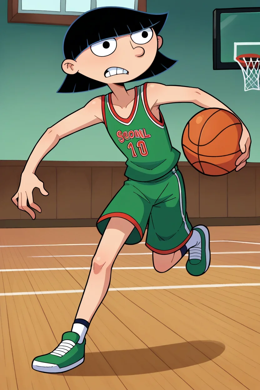 score_9, score_8_up, score_7_up, score_6_up, BREAK rhonda,1girl, solo,full body,playing basketball, black hair, bob cut,blunt bangs, clenched teeth, black eyes,green basketball uniform, basketball court, flat chest, dribbling \(basketball\), running, <lora:RhondaPony:1>