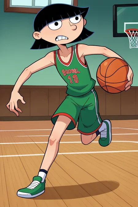 score_9, score_8_up, score_7_up, score_6_up, BREAK rhonda,1girl, solo,full body,playing basketball, black hair, bob cut,blunt bangs, clenched teeth, black eyes,green basketball uniform, basketball court, flat chest, dribbling \(basketball\), running, <lora:RhondaPony:1>