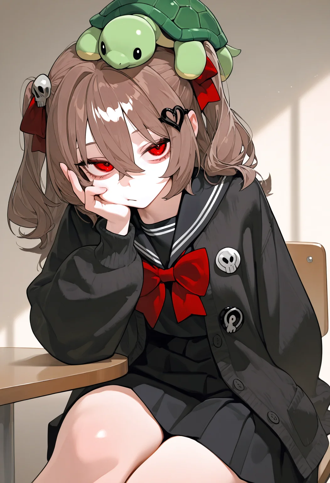 <lora:eatsleep111SDXL:0.75>, best quality, masterpiece, eatsleep1111, evil neuro-sama,  1girl, brown hair, red eyes, black serafuku, black cardigan, open cardigan, black skirt, school uniform, black heart hair ornament, red bow, red bowtie, red ribbon, hand to face, bored, sitting on chair, table, depth of field, skull hair ornament, button badge, turtle, animal on head, stuffed animal,  <lora:NeuroEvilVedalSDXLNoobAI10:1>