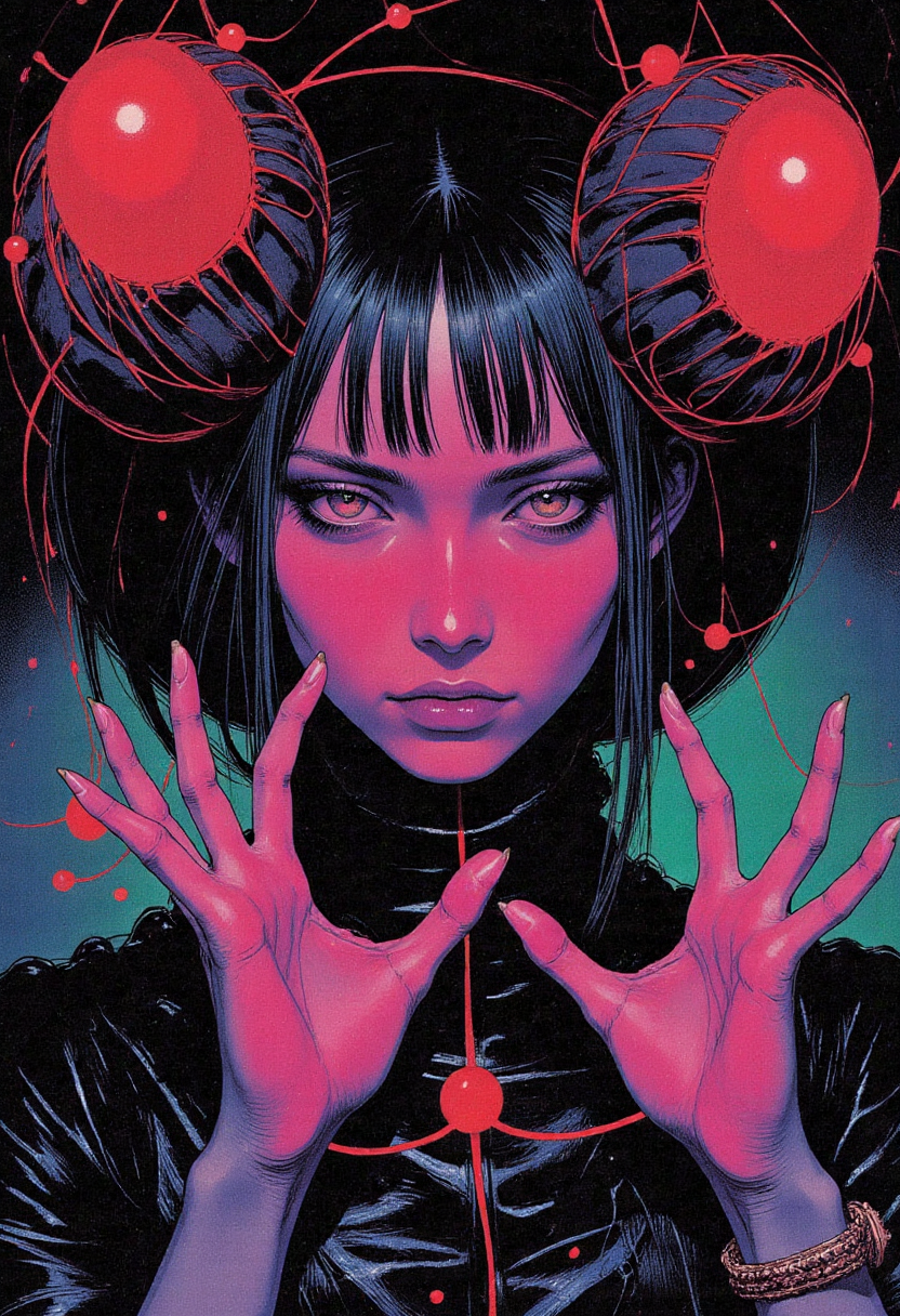 In a striking, colored manga sketch inspired by dark fantasy, an eerie and haunting extreme close-up of the face of a female piuchen, a shape-shifting creature from Chilote mythology, is presented. The serpent-like being's visage exudes an air of mystery, with violet eyes that seem to glow in the darkness, lobed ears, long nose and broad shoulders. Her unusual face shape features high cheekbones, while her ash blonde hair falls in straight bangs across her forehead. Amusement flickers across her expression as she shares knowledge and insights with other magical beings, all clad in magician robes, straw hats, and Mary Jane shoes. The background showcases the radiant aura of a fairy queen's emerald palace, complete with thatch roofing, glass windows, luminescent deep-sea creatures, and bioluminescent organisms illuminated by black lights. The macabre artwork is hyper-detailed in its modern dark fantasy style, featuring intricate linework and expert use of light and shadow to create a captivating image that blends the familiar with the unfamiliar, boasting pastels, obsidian stone vibration, hexagonal prism shapes, transcendent elements, dotted lines, zigzag lines, octagon magic, and a mystic gesture as she extends her hands in arcane symbols. A radiant hologram haze envelops the entire scene, creating an otherworldly ambiance that further emphasizes the piuchen's mysterious allure., <lora:test2-000013-nistyle:0.8> Nistyle,<lora:DND_GRAINYBOYZ_FG_FLUX_V2_ROMULUS_Lora:0.35><lora:DND_COLORBOYZ_FG_FLUX_REMUS_Lora:0.25> DNdGr41nyB0yz style, <lora:Wiz-Arcana-Spectral_Glow:0.55> spectral glow, chromatic grain, motion blur, diffuse silhouette, light leak effect, prism effect, inverted negative film, ethereal <lora:Softlight:0.5> SoftLight effect, film grain
