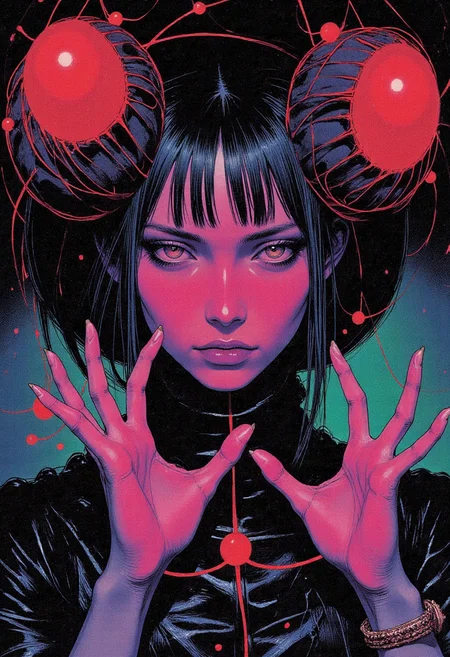 In a striking, colored manga sketch inspired by dark fantasy, an eerie and haunting extreme close-up of the face of a female piuchen, a shape-shifting creature from Chilote mythology, is presented. The serpent-like being's visage exudes an air of mystery, with violet eyes that seem to glow in the darkness, lobed ears, long nose and broad shoulders. Her unusual face shape features high cheekbones, while her ash blonde hair falls in straight bangs across her forehead. Amusement flickers across her expression as she shares knowledge and insights with other magical beings, all clad in magician robes, straw hats, and Mary Jane shoes. The background showcases the radiant aura of a fairy queen's emerald palace, complete with thatch roofing, glass windows, luminescent deep-sea creatures, and bioluminescent organisms illuminated by black lights. The macabre artwork is hyper-detailed in its modern dark fantasy style, featuring intricate linework and expert use of light and shadow to create a captivating image that blends the familiar with the unfamiliar, boasting pastels, obsidian stone vibration, hexagonal prism shapes, transcendent elements, dotted lines, zigzag lines, octagon magic, and a mystic gesture as she extends her hands in arcane symbols. A radiant hologram haze envelops the entire scene, creating an otherworldly ambiance that further emphasizes the piuchen's mysterious allure., <lora:test2-000013-nistyle:0.8> Nistyle,<lora:DND_GRAINYBOYZ_FG_FLUX_V2_ROMULUS_Lora:0.35><lora:DND_COLORBOYZ_FG_FLUX_REMUS_Lora:0.25> DNdGr41nyB0yz style, <lora:Wiz-Arcana-Spectral_Glow:0.55> spectral glow, chromatic grain, motion blur, diffuse silhouette, light leak effect, prism effect, inverted negative film, ethereal <lora:Softlight:0.5> SoftLight effect, film grain