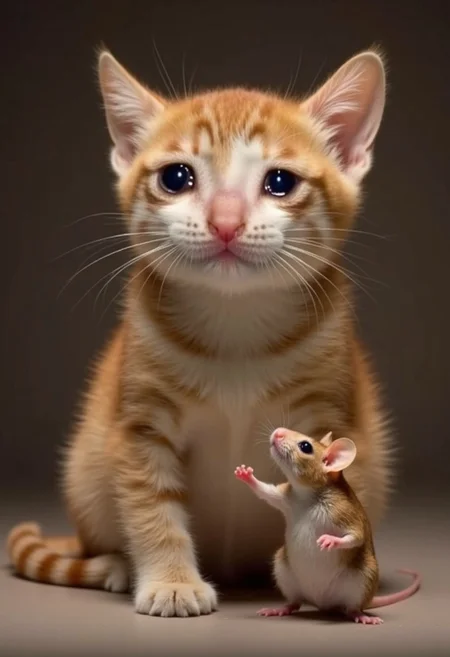realistic photo of crying cat and crying mouse posing together, large mouse, small cat