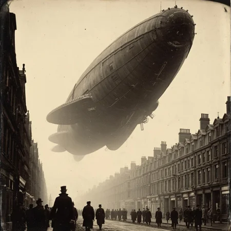 01dPh0t0 dark, shadow, distorted, grainy, film grain, Victorian, An aged worn sepia monochrome 1800s photograph of an (enormous and intricately detailed high-tech science fiction alien spacecraft)2, angular, (anachronistic)3, hovering over 1890s London, low angle looking up, ominous, looming, massive sense of scale, nervous people on the streets looking upward