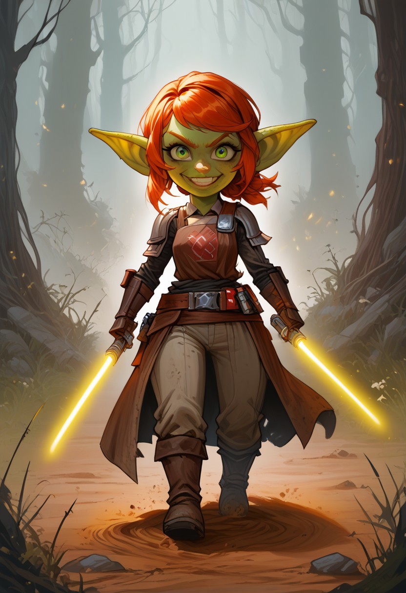 thick outlines, extremely detailed, sharp focus, HD, 1girl, solo, a Goblin woman, short stature, shortstack, pointed ears, big eyes, green skin, with short ginger hair and large swept bangs, wearing goggles with glowing green lenses, dark red mail, with green chain boots, silver rectangular shield, sword on her hip, confident smile, walking, eyes to the side. Setting forest, dirt path, dark grass, fog, low light. green eyes, blue lightsaber, laser sword, long sword,