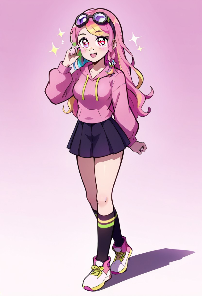 1 cute girl, short, cute, goggles on head, large framed glasses, pale skin, full body, happy, long smooth hair, very long hair, pastel pink hair, rainbow highlights, flowy hair, long hair, braid, hair ornament, hairclip, side braid, single braid, very long wavy hair, swept bangs, large round eyes, hip length hair, large round eyes, lavender eyes, smooth face, freckles, round face, very cute face, small facial features, a slim figure, medium breasts, round breasts,
knee high walking boots, rainbow sneakers, DROWID, shoulders, Pink hoodie, pink pleated skirt, thigh socks,
looking at viewer, curvaceous, cute, best angle, smooth hair, sparkling hair, glowing skin, freckled skin, beautiful, high definition CG, (absurdres), extreme light and shadow, (detailed eyes), (shine), lighting, great composition, blush, dynamic pose, dynamic angle, 8k, sharp, superb lining, masterpiece, detailed anatomy,