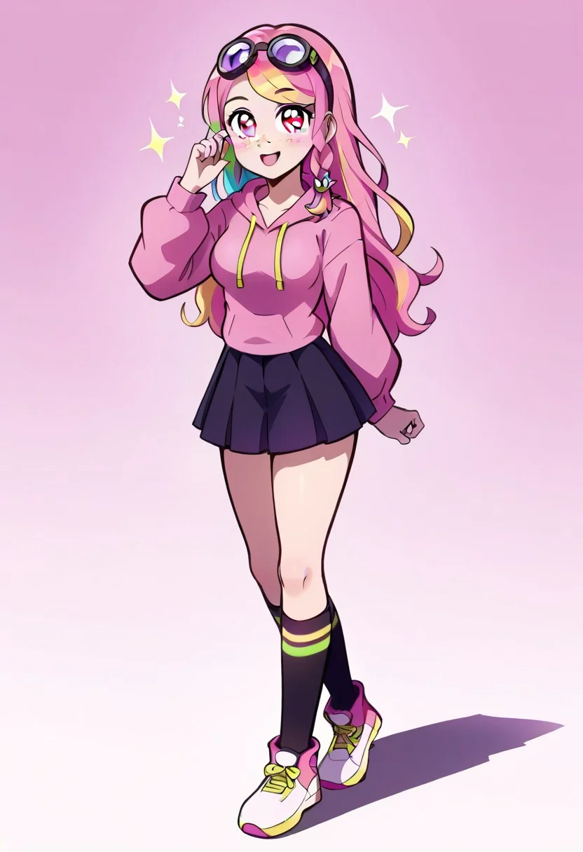 1 cute girl, short, cute, goggles on head, large framed glasses, pale skin, full body, happy, long smooth hair, very long hair, pastel pink hair, rainbow highlights, flowy hair, long hair, braid, hair ornament, hairclip, side braid, single braid, very long wavy hair, swept bangs, large round eyes, hip length hair, large round eyes, lavender eyes, smooth face, freckles, round face, very cute face, small facial features, a slim figure, medium breasts, round breasts,
knee high walking boots, rainbow sneakers, DROWID, shoulders, Pink hoodie, pink pleated skirt, thigh socks,
looking at viewer, curvaceous, cute, best angle, smooth hair, sparkling hair, glowing skin, freckled skin, beautiful, high definition CG, (absurdres), extreme light and shadow, (detailed eyes), (shine), lighting, great composition, blush, dynamic pose, dynamic angle, 8k, sharp, superb lining, masterpiece, detailed anatomy,