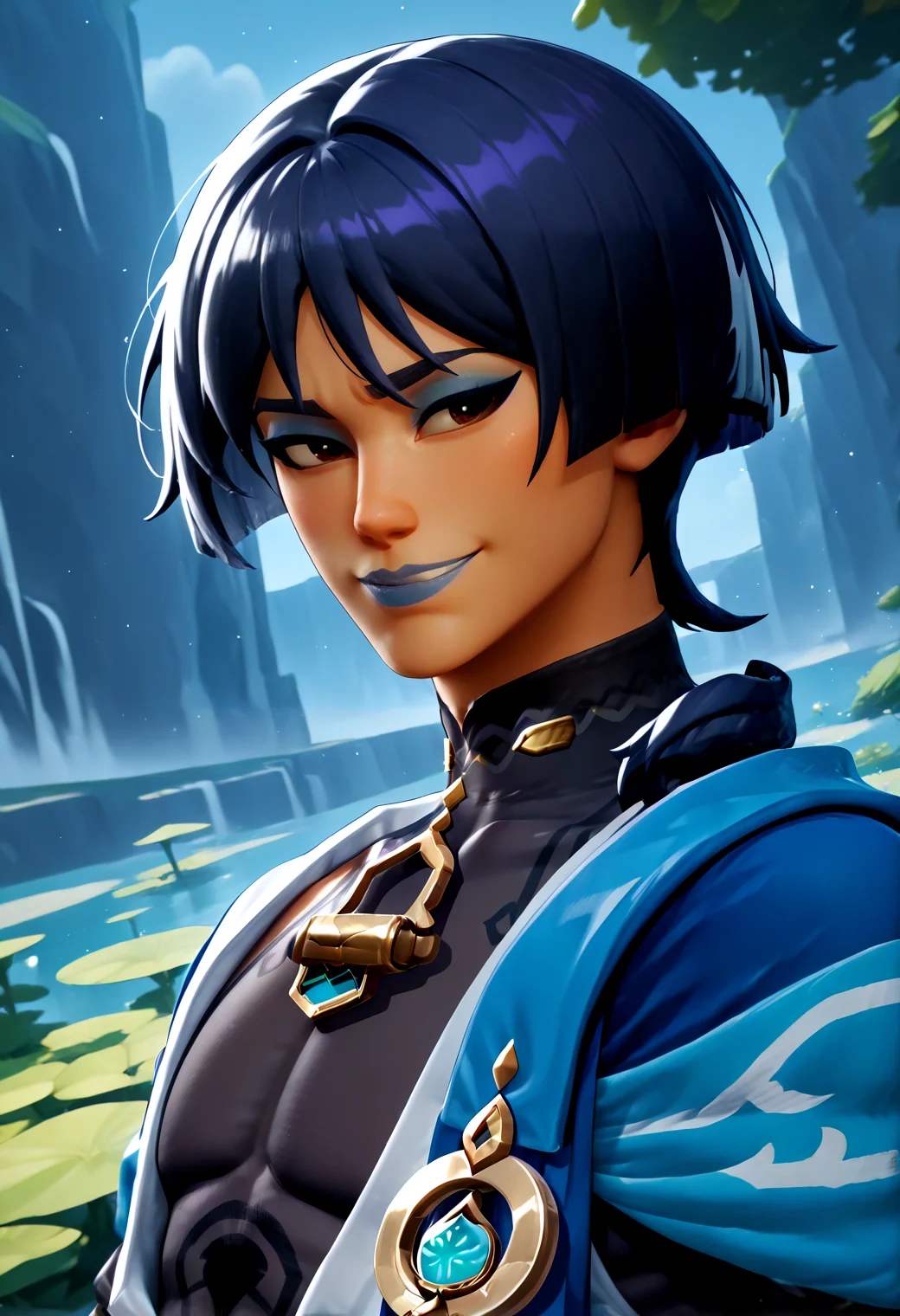 IllustriousQual <lora:StS-Illustrious-Detail-Slider-v1.0:2> <lora:cfg_scale_boost:0.3> <lora:Frozen_Nog_Ops_IL:1> FrozenNogOpsIL, dark skin, dark-skinned female, black hair, grey ponytail, braided hair, brown eyes, blue eyeshadow, blue lipstick, fingerless gloves,detailed_background,outdoors,looking at viewer,purple eyes,turtleneck,genshin impact,shoulder peek,red eyeliner,makeup,wanderer \(genshin impact\),eyeshadow,purple pupils,turtleneck bodysuit,three quarter view,jewelry,bodysuit,earrings,parted lips,smile,white mouth,scaramouche \(genshin impact\),purple hair,triangle earrings,highres,male focus,solo,mandarin collar,red eyeshadow,eyeliner,covered collarbone,blunt ends,1boy,blue sleeves,bishounen,black bodysuit,hag \(hag 015\)