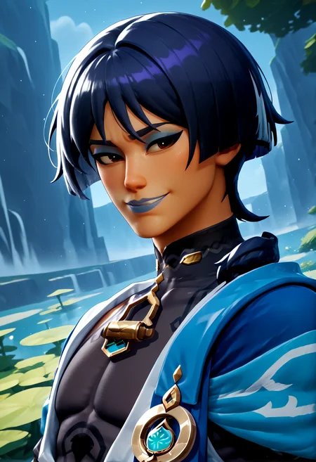 IllustriousQual <lora:StS-Illustrious-Detail-Slider-v1.0:2> <lora:cfg_scale_boost:0.3> <lora:Frozen_Nog_Ops_IL:1> FrozenNogOpsIL, dark skin, dark-skinned female, black hair, grey ponytail, braided hair, brown eyes, blue eyeshadow, blue lipstick, fingerless gloves,detailed_background,outdoors,looking at viewer,purple eyes,turtleneck,genshin impact,shoulder peek,red eyeliner,makeup,wanderer \(genshin impact\),eyeshadow,purple pupils,turtleneck bodysuit,three quarter view,jewelry,bodysuit,earrings,parted lips,smile,white mouth,scaramouche \(genshin impact\),purple hair,triangle earrings,highres,male focus,solo,mandarin collar,red eyeshadow,eyeliner,covered collarbone,blunt ends,1boy,blue sleeves,bishounen,black bodysuit,hag \(hag 015\)