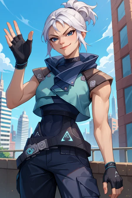 score_9, score_8_up, score_7_up, score_6_up, source_anime, 1girl, solo <lora:valorantjett-pdxl-nvwls-v1-000005:1> valJett, white hair, short ponytail, blue jacket, sleeveless, cropped jacket, black bodysuit, belt, black pants, black gloves, fingerless gloves, looking at you, smirk, waving, blue sky, upper body, cityscape, portrait