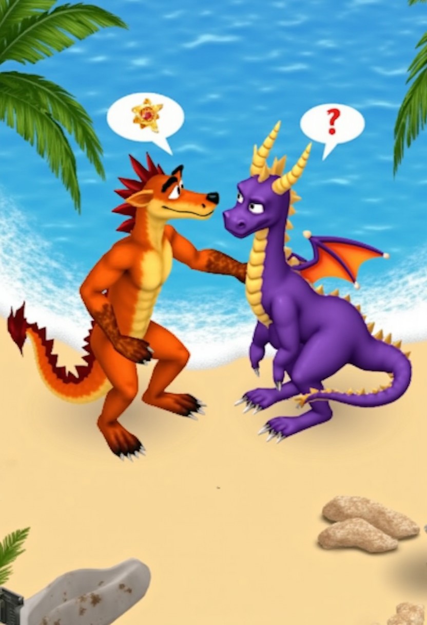 simsstyle, Crash Bandicoot and Spyro the Dragon flirting on a beach. They are talking, with speech bubbles. low poly, Isometric view.