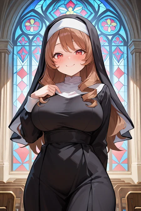 masterpiece, very aesthetic, absurdres, best quality, amazing quality, high resolution, <lora:illustrious_quality_modifiers_masterpieces_v1:0.8> , <lora:ChamIllustriousBackgroundEnhancer:0.5>,  solo, <lora:MistelIL:0.7> , misdef, 1girl, long hair, long sidelocks, drill sidelocks, brown hair, red eyes, nun's habit, (nun), nun outfit, large breasts, cowboy shot, interior, church, pews, stained glass, blush, smile, looking at viewer,
