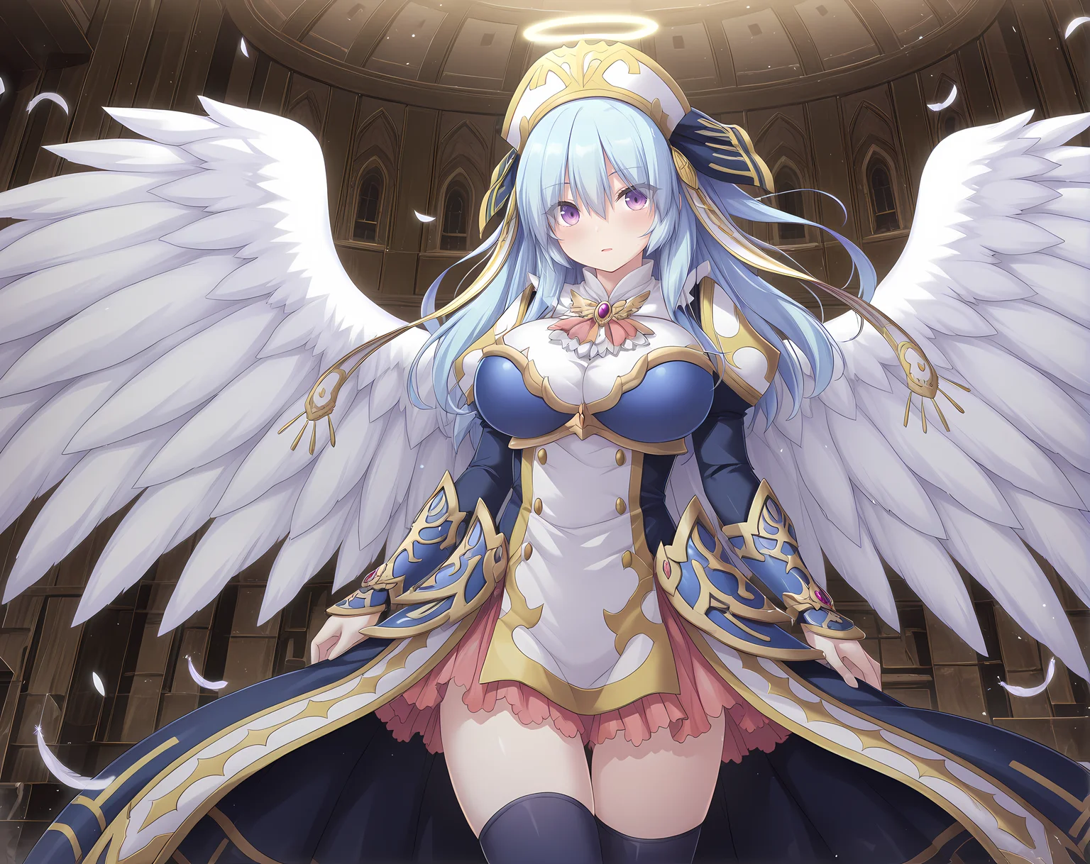 <lora:Eureshya:0.8>,eureshya,blue hair,purple eyes,angel wings,halo,hair between eyes,eyes visible through hair,large breasts,base outfit,shoulder armor,armored dress,, masterpiece,best quality,amazing quality, very aesthetic, absurdres,detailed eyes,ultra-detailed,