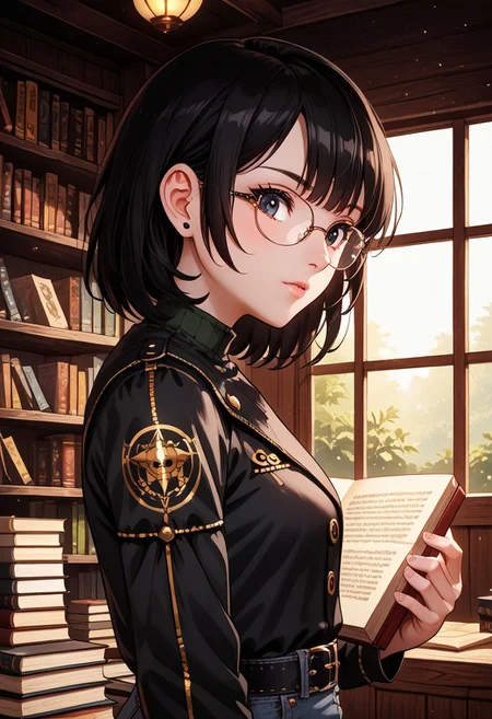 (score_9, score_8_up, score_7_up, highest score, best quality:1.2), zPDXL3, NEGATIVE_HANDS, detail1eye, hi-res. 8k, source_anime BREAK 1girl, reikoif, medium hair, black hair, black eyes. standing, holding book, looking at book BREAK glasses, light jacket, black jacket, green blouse, denim pants BREAK L1brary, indoors, bookshelves, books, window (indoors:1.3), side view, sharp colors, perfect face, perfect hands, perfect eyes, (detailed realistic background:1.3), (high quality:1.1), (ultra detailed:1.4), <lora:pony_good_hands:0.7>, <lora:add-detail-xl:1>, <lora:xl_more_art-full_v1:0.5>