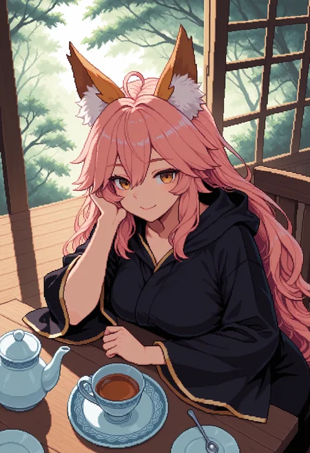 <lora:pixelart:1>,pixel art,masterpiece, highres, absurdres,amazing quality, best quality, detailed background, 8k, from above, 1girl, tamamo (fate), large breasts, ahoge,arm support,black robe,cup,dappled sunlight,day,hair between eyes,head rest,indoors,long hair,looking outside,robe,saucer,sitting,smile,solo,spoon,sunlight,table,teacup,teapot,tree,upper body,wide sleeves,window,wooden table