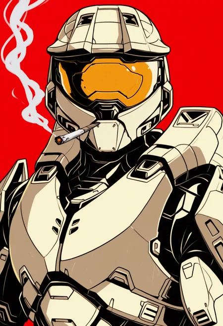 masterpiece, best quality, solo, 1boy, looking at viewer,  <lora:Stoned-illus_Fp:1>, smoking, joint \(drug\),  <lora:masterchief-halo-richy-v1_ixl:1>, masterchief, helmet, visor, power armor, monochrome, limited palette,