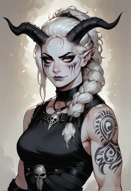 score_9, score_8_up, score_7_up, BREAK, 1girl cowboy-shot, beautiful, dramatic lights ((Tiefling, horns, barbarian, warrior, fighter, muscular, athletic, barbarian, caucasian, caucasian skin, black horns, white hair, goth, goth girl, goth woman, smug, closed mouth, long braid, messy hair, long ponytail, braided ponytail, warpaint, face paint, facepaint, tattoo, face tattoo, body tattoo, tribal tattoo, tribal markings, tribal, savage, wild))