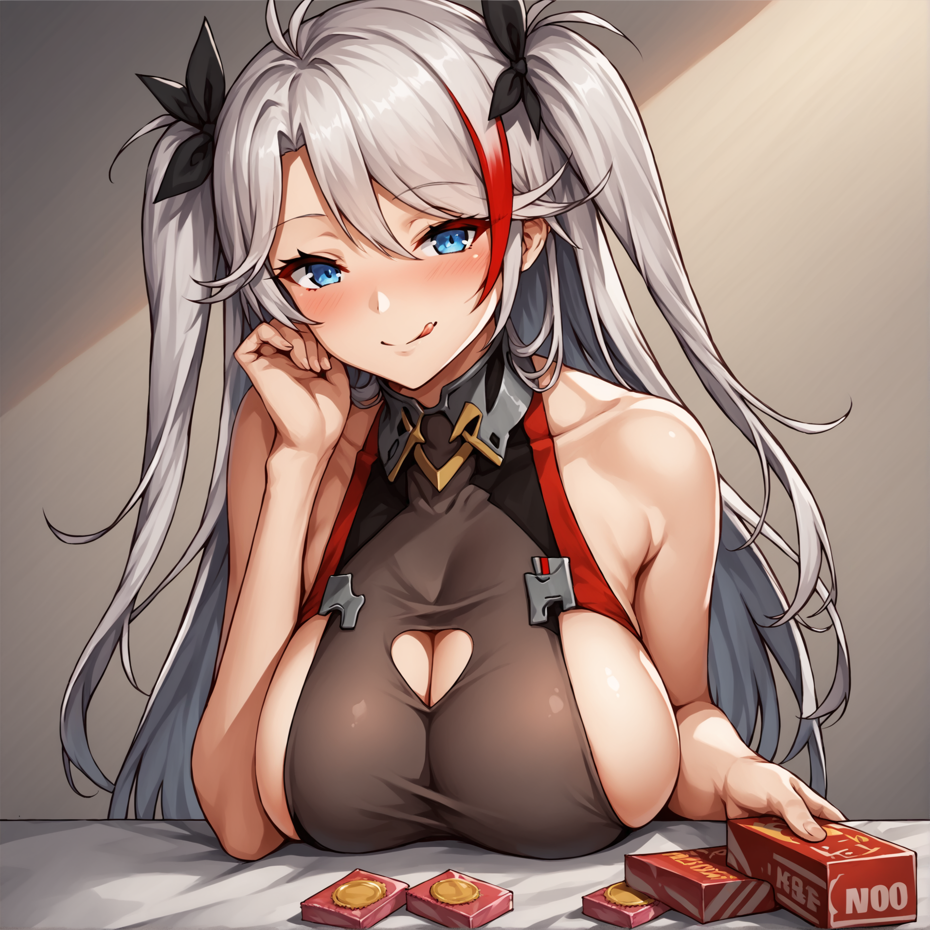 score_9, score_8_up, score_7_up, source_anime BREAK 1girl, solo, condom box, looking at viewer, prinz eugen (azur lane), smile, blue eyes, long hair, multicolored hair, streaked hair, breasts, sideboob cutout, licking lips, two side up, bow, <lora:Buying_Condoms:0.6>, frills, blush, rating_questionable