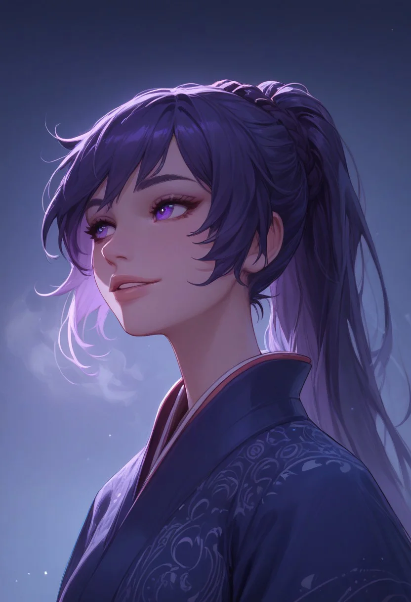 score_9, score_8_up, score_7_up, score_6_up, female portrait, 1girl, solo, Kiana, long hair, smile, bangs, purple eyes, braid, raven hair, ponytail, kimono, close up, waist up, posing, looking away, parted lips, steam, cold weather, foggy, night time, street, walking, dynamic angle, natural light,