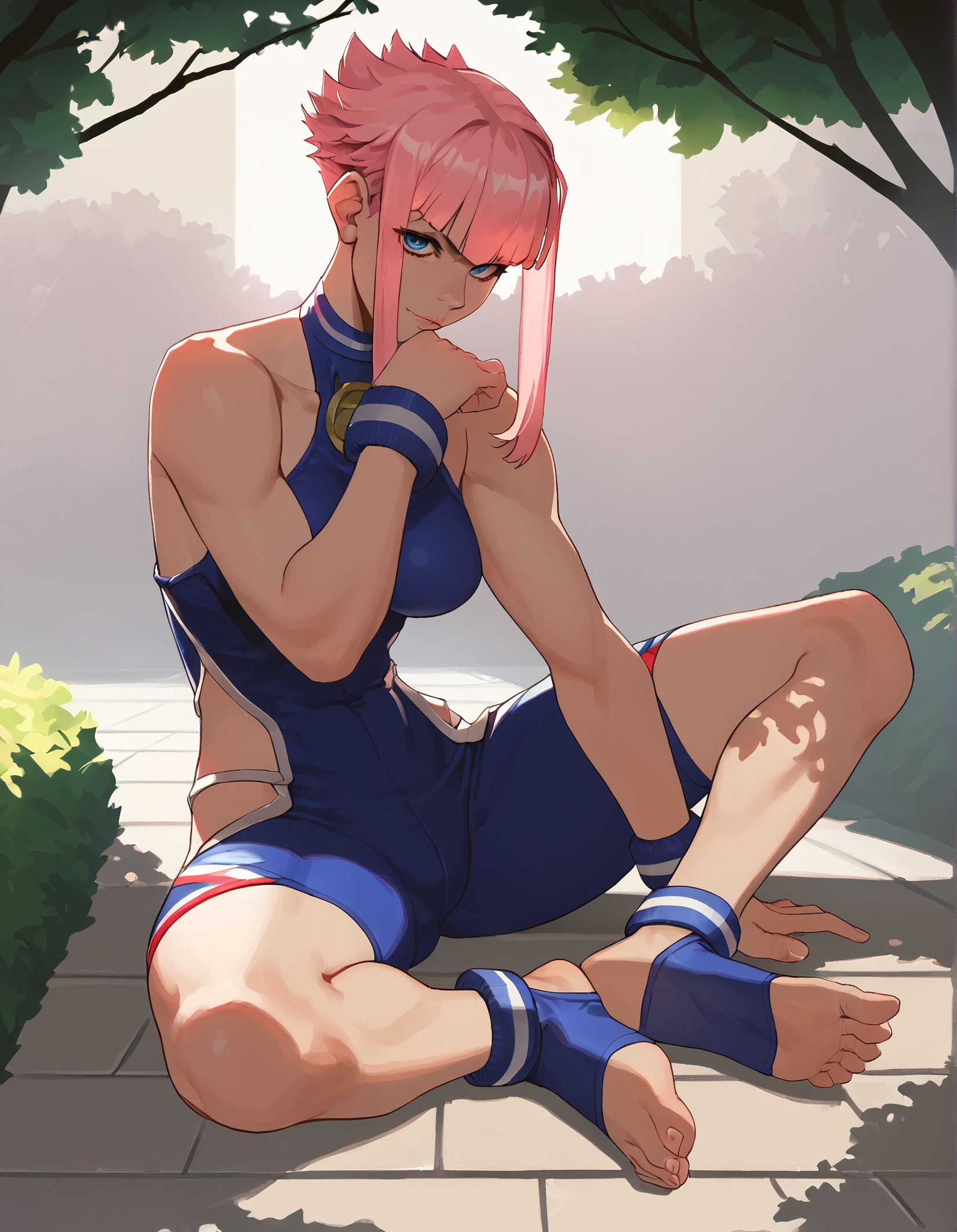 score_9, score_8_up, score_7_up,score_6_up,high resolution,mnon,mnon hair,source_anime,pink hair,1girl,solo,full body,bodysuit,bracelet,at park,toeless legwear,volumetric lighting,rim lighting,dof,dramatic shadow,chiaroscuro,sitting,looking at viewer