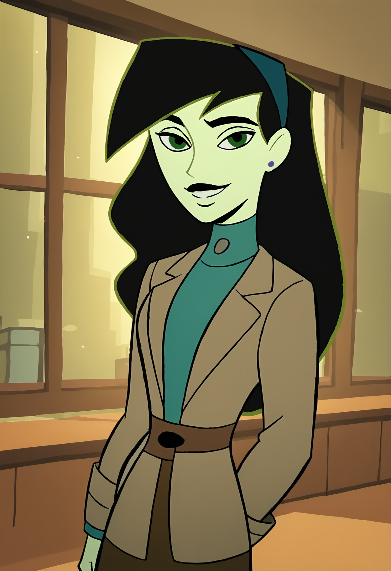 <lora:ShegoPony1.0:1>Shego, 1girl, jacket, solo, black hair, turtleneck, hairband, long hair, earrings, pencil skirt, black lips,smile,  score_9, score_8_up, score_7_up, score_6_up, score_5_up, score_4_up, looking at viewer,indoors,