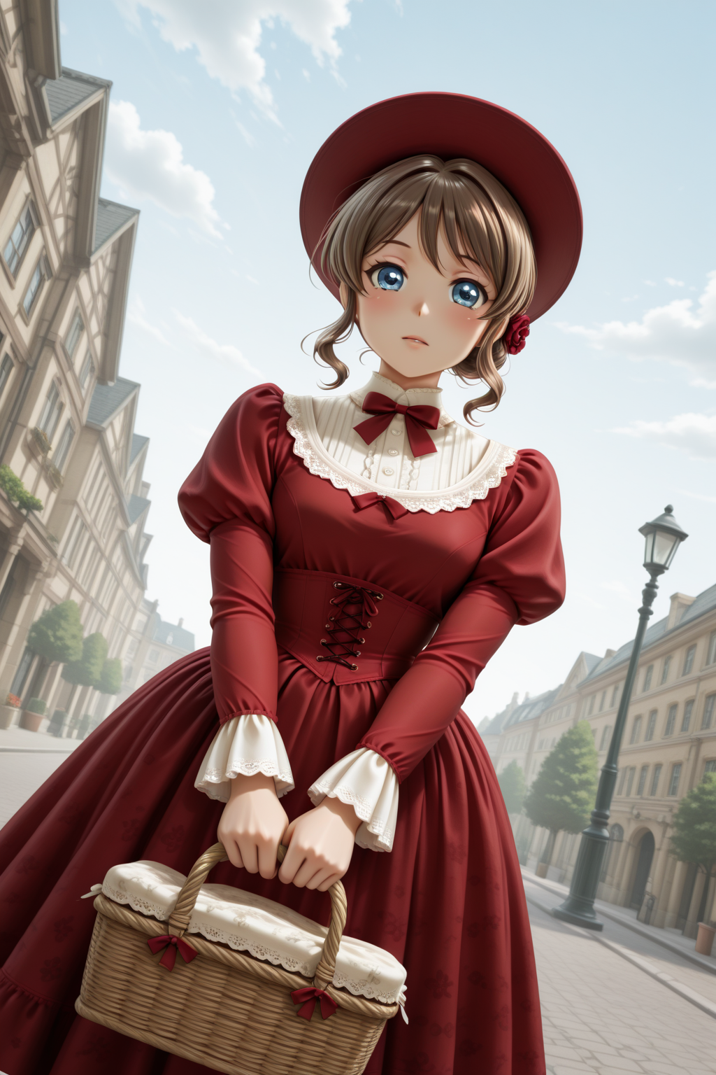 masterpiece, best quality, amazing quality, 1girl, solo, makeup, general, looking at viewer, blush, holding basket, outdoors, street, victorian era, standing, cloud, sky, dutch angle, day, wide brimmed hat, 19c london, <lora:Yamabuki_Saaya_Ban_Dori:1>, Yamabuki_Saaya_Ban_Dori, blue eyes, brown hair, short hair, single hair bun, bow, breasts, sidelocks, hair flower, <lora:Victorian_Whim_Velvet_Dress:1>, Victorian_Whim_Velvet_Dress, long dress, red dress, puffy long sleeves, juliet sleeves, frills, red bow, red ribbon, floral print, cross-laced clothes, corset, <lora:wai-2Rectified-V140:1>, <lora:illustrious_noobai_epsilon_pred_1_masterpieces_v1:1>