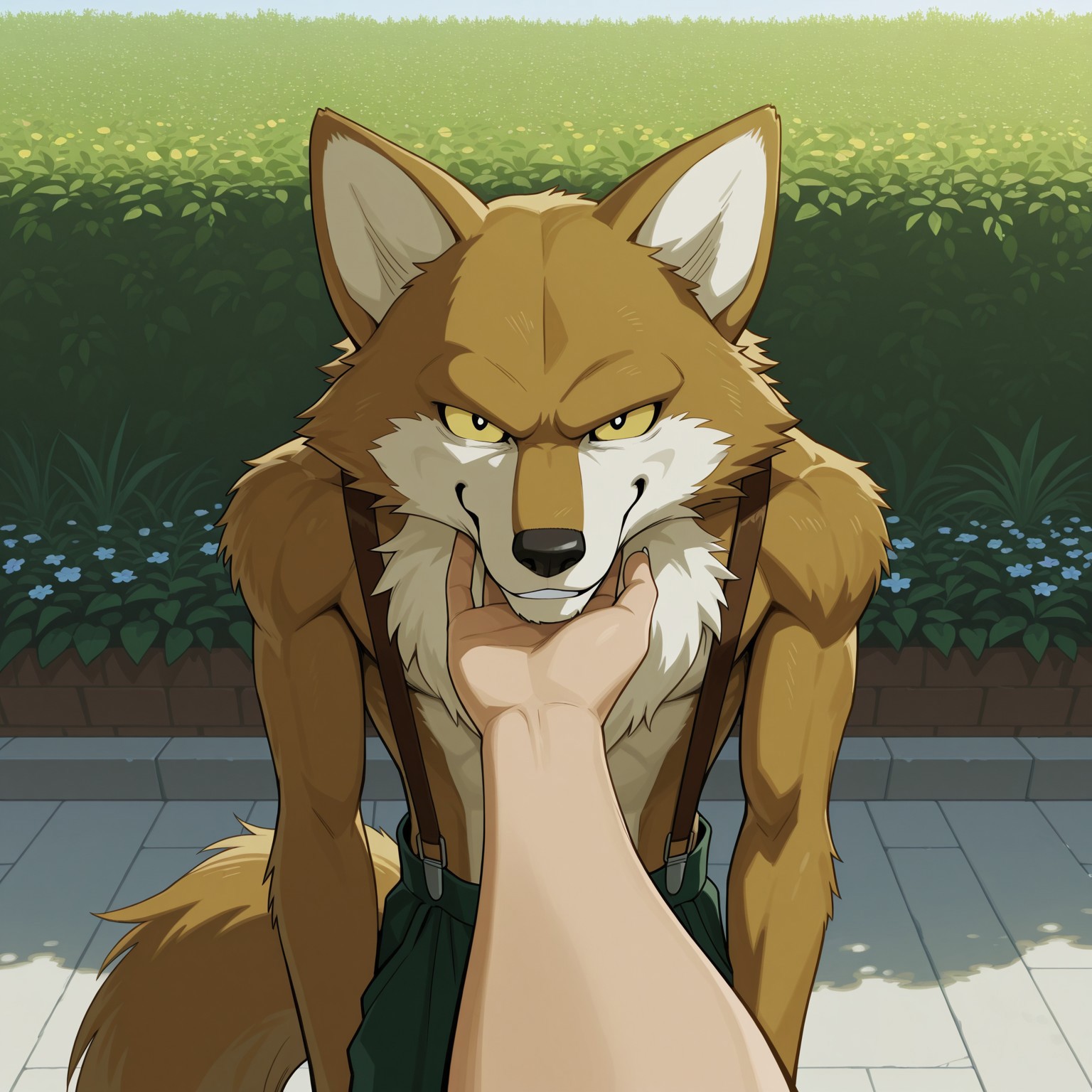2d, male, solo, anthro, wolf, light brown fur, white fur, two tone fur, light brown tail, yellow sclera, black pupils, black nose, animal ears, claws, digitigrade, green pants, suspenders, (upper body focus, half body)

BREAK standing, looking at viewer, smiling, relaxed, pov, holding human viewers hand,

 BREAK best quality, amazing quality, very aesthetic, absurdres, newest, masterpiece, highres, outside, sunny day, garden, flowers