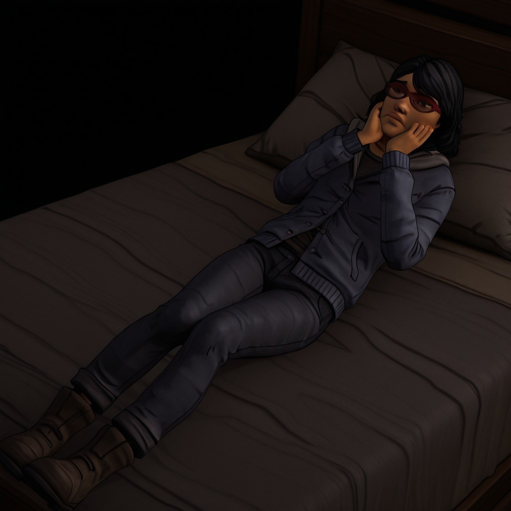 3D, Sarah, 1girl, alone, short shoulder-length black hair, red glasses, hooded jacket, partially unbuttoned, undershirt, pants, ankle boots
Sarah lying on a bed, head on the edge of the bed,. Face, hands on chin. See user