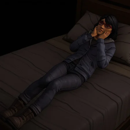 3D, Sarah, 1girl, alone, short shoulder-length black hair, red glasses, hooded jacket, partially unbuttoned, undershirt, pants, ankle boots
Sarah lying on a bed, head on the edge of the bed,. Face, hands on chin. See user