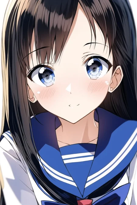 1girl, serafuku, neckercheif, sailor coollar, long hair,
<lora:PentagonRailgunStyle:1>,
simple background, white background,
