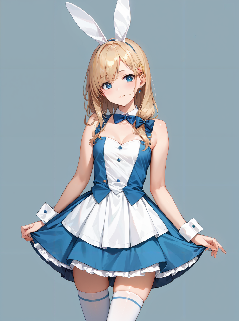 score_9, score_8_up, score_7_up,source_anime, high res image,masterpiece,best quality,girl,cute face,clear skin,shiny hair,ultra detailed eyes,simple background <lora:bunny girl dress_pony_V1.0:0.65> bunny girl dress, skirt, bow, wrist cuffs, sleeveless,thighhighs