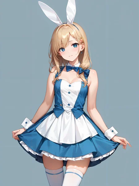 score_9, score_8_up, score_7_up,source_anime, high res image,masterpiece,best quality,girl,cute face,clear skin,shiny hair,ultra detailed eyes,simple background <lora:bunny girl dress_pony_V1.0:0.65> bunny girl dress, skirt, bow, wrist cuffs, sleeveless,thighhighs