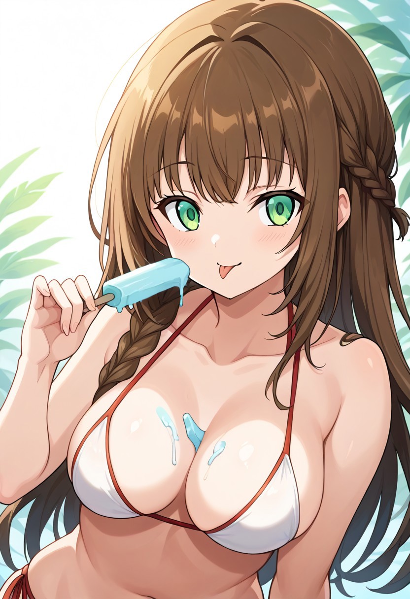 score_9, 1girl, rh34, brown hair, long hair, choppy bangs, high braid, green eyes, medium chest, bikini, source_anime, ntm, <lora:popsicle-on-breasts-ponyxl-lora-nochekaiser:1> food on breasts, popsicle, food on body, holding food, holding popsicle, tongue, tongue out,