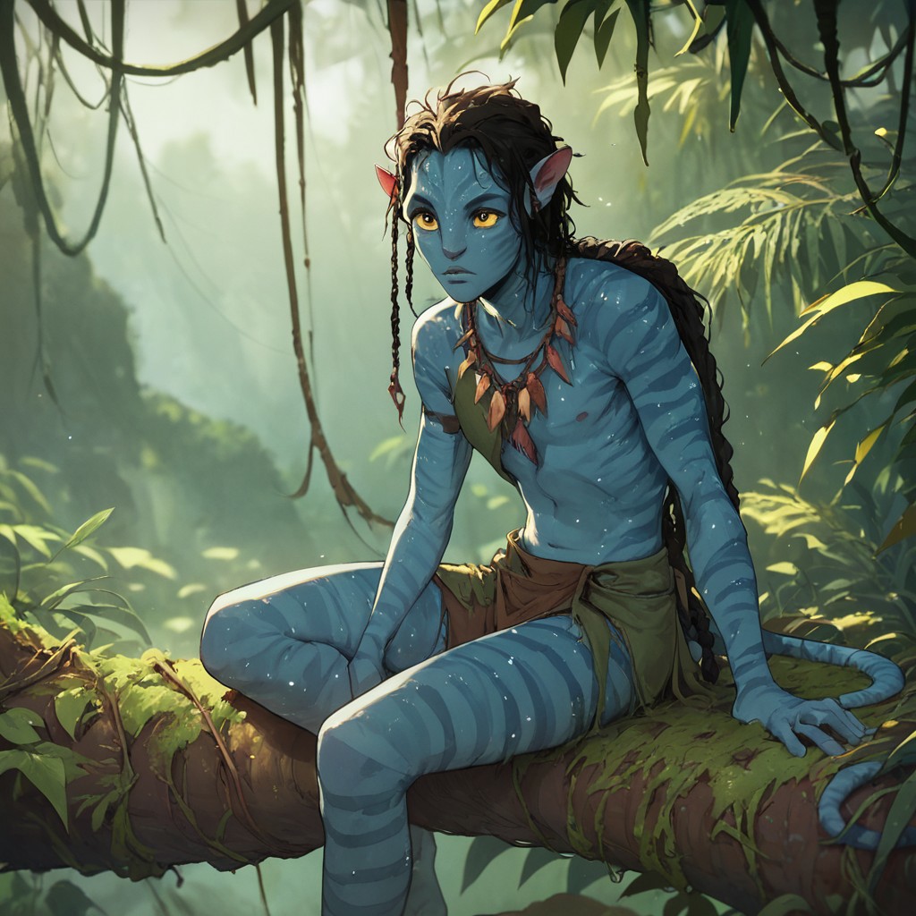 score_9, score_8_up, score_7_up, Avatar navi alien with blue skin, striped skin, sitting on a branch in the jungle, wearing a tunic made of leaves and moss