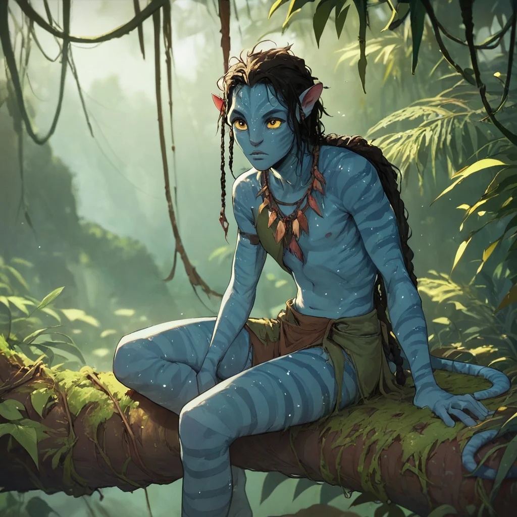 score_9, score_8_up, score_7_up, Avatar navi alien with blue skin, striped skin, sitting on a branch in the jungle, wearing a tunic made of leaves and moss