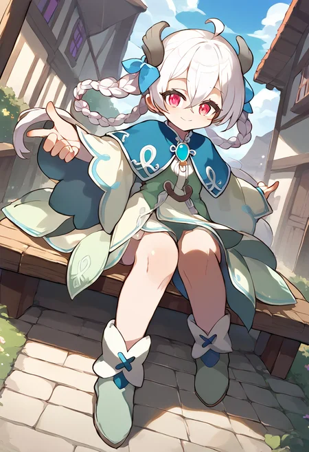 score_9,score_8_up,score_7_up,source_anime,zPDXL3,fantasy,town,wooden bench,sitting,smile,from below,
*//*,<lora:Lynn_v1.0:1>,lynn,white hair,dress,boots,
*//*,looking at viewer,cowboy shot,dutch angle,dynamic pose,