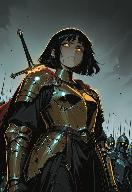 embedding:IllusP0s, codex sss chroma
1girl, solo, dutch_angle, from_below, low_angle, knight, armor, cape, sword_on_back, battlefield, determined, annoyed, angry, serious, piercing_gaze, confident, glowing_eyes, yellow_eyes, bob_cut, black_hair, battle-worn, damaged_armor, scratched, bruises, tattered_cape, wind, flowing_cape, flowing_hair