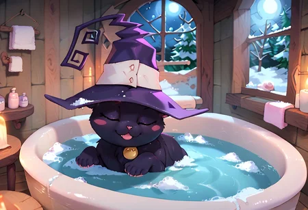 score_10 , score_9_up, score_8_up, score_7_up , score_6_up, vibrant colors, shiny_skin , prefect lighting, detailed image, snoozing , BREAK, 
solo , ((feral , Cblair , cat , witch hat , black fur)) , 
inside , wooden house, snow forest, night , bathroom , bathtub , taking a bath in bathtub , soap bubbles,