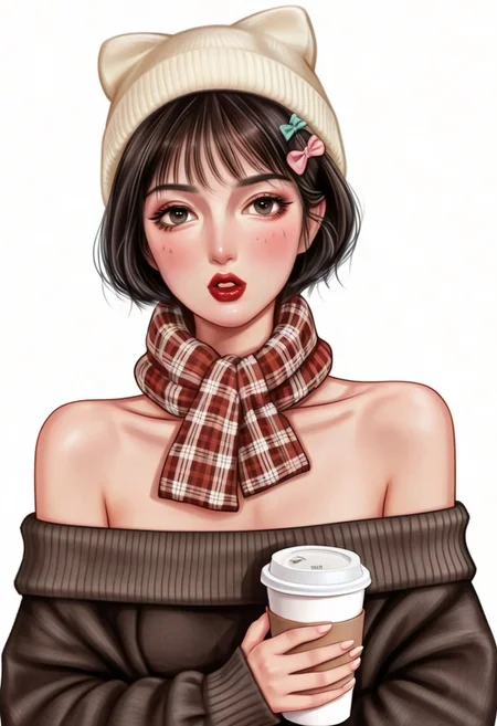 Tomie Kawakami, skirt, beanie, bang, short hair, plaid scarf, holding cup, parted lips, looking at viewer, bow, off shoulder, plaid, flower, holding eyewear