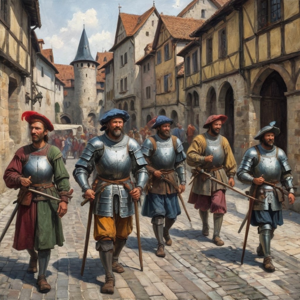 safe_pos, A gang of landsknechts walks along the street of a medieval city with long spears and smiles, large berets with many feathers, worn-out breast armor, wide sleeves with a lot of slits, a lot of multi-colored folds of fabric on the sleeves, multi-colored worn out unkempt clothes,