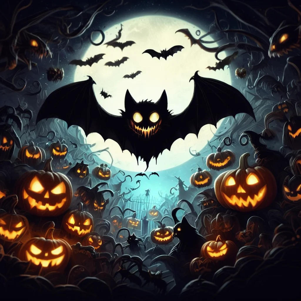 ((realistic,digital art)), (hyper detailed),donmcr33pyn1ghtm4r3xl Spellbinding Lovecraftian Classic Monster Creepy Forest Bat-shaped Cookies Black Cats Maleficent Smirk Spooky Shadows Vampire Fangs Visiting Pumpkin Patches, <lora:Creepy_Nightmare-000014XL:1>