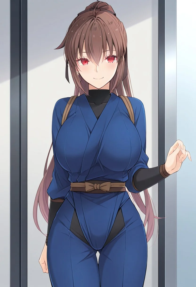 (absurdres, best quality, masterpiece:1.4), amazing quality, highres, newest, detailed, detailed body, detailed face, source anime, anime coloring, beautiful,
BREAK
urakanna, 1girl, solo, brown hair, ponytail, long hair, red eyes, large breasts, standing, smile, Cosplay,
BREAK
Katou danzo \(fate\) \(cosplay\), ninja