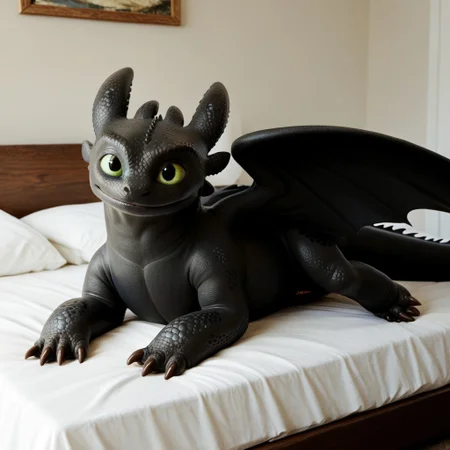 score_9, score_8_up, score_7_up, score_6_up, score_5_up, score_4_up, masterpiece, high quality, realistic, detailed, best quality, white bed, solo, rating_safe, source_furry, bedroom, smiling, lying on belly, looking at viewer, on bed, toothless_httyd, dragon, night_fury, black scales, wings, tail, claws, male, 1boy, green sclera, black pupils, feral