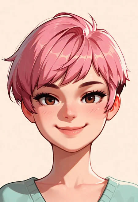 chibi, high contrast, masterpiece, best quality, amazing quality, very aesthetic, retro artstyle, realistic, promotional art, newest, volumetric lighting.
(artist:incase:0.5), (artist:tsuaii:0.5), color theory,
1girl, face, solo, straight-on, focus on face, front view, portrait, (smile: 1.5), Pixie cut, pink hair, brown eyes, luminescent background, simple background.