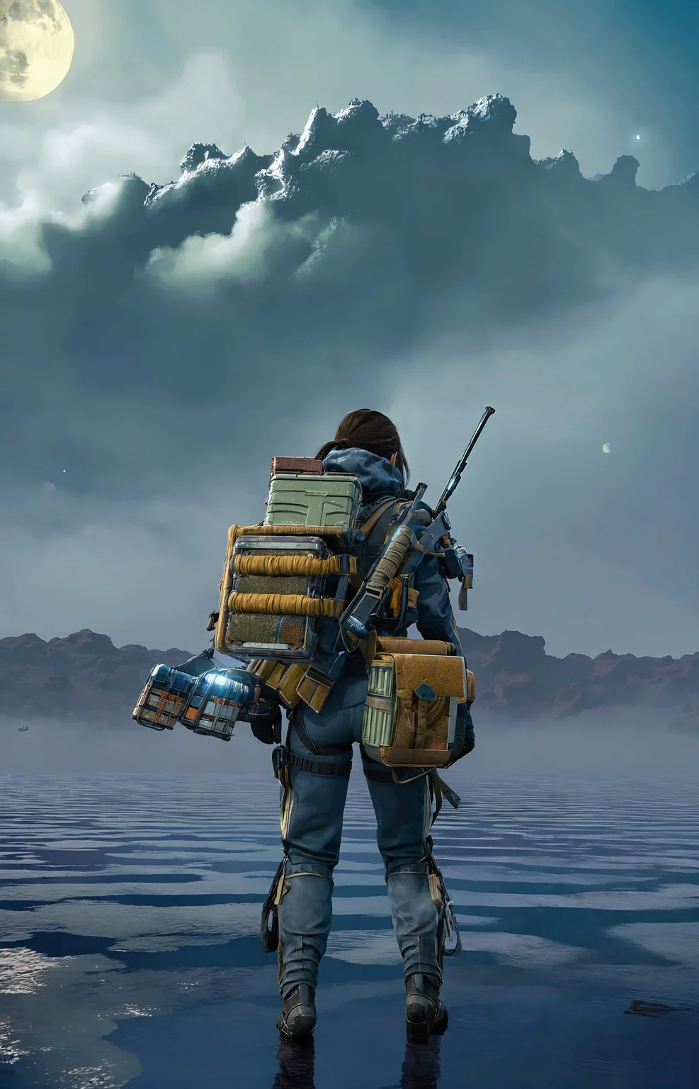 a lovely fascinated girl carries a sizable cargo while wielding a firearm, encapsulating the game's unique blend of isolation and combat., a vast, A moonlit lake, with fog rolling over the water and mysterious shapes beneath the surface sky ,moon just appeared ,Command base in background, a girl wearing with armor,weapon, headgear,motocycle   bpk, backpacker, <lora:BPKXLV1-000003:0.8>
