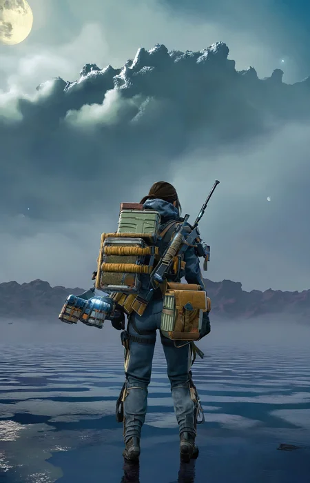 a lovely fascinated girl carries a sizable cargo while wielding a firearm, encapsulating the game's unique blend of isolation and combat., a vast, A moonlit lake, with fog rolling over the water and mysterious shapes beneath the surface sky ,moon just appeared ,Command base in background, a girl wearing with armor,weapon, headgear,motocycle bpk, backpacker, <lora:BPKXLV1-000003:0.8>