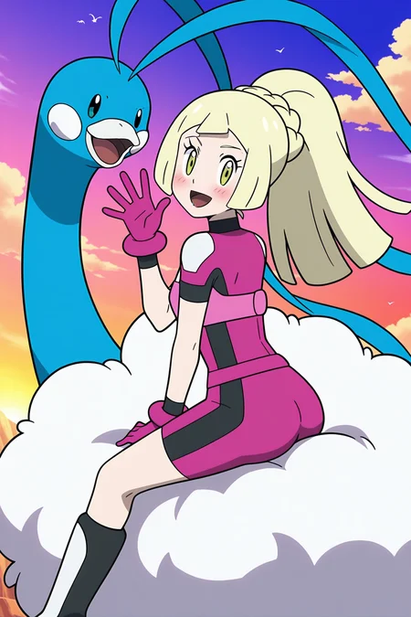 anime, anime screencap, lillieul, 1girl, long hair, looking at viewer, blush, smile, open mouth, blonde hair, sky, wind, gloves, green eyes, braid, ponytail, ass, short sleeves, :d, boots, teeth, tongue, hand up, blunt bangs, eyelashes, cosplay, bodysuit, bird, feathers, waving, riding, pink gloves, white feathers, beak, fluffy, pink bodysuit, blue feathers, riding pokemon, altaria, breasts, lillie \(pokemon\), pokemon \(creature\), pokemon
<lora:Lillie_Ultraguardian-09:1>
